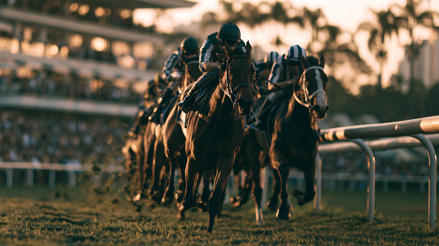 Cavalos e jóqueis correndo na grama ao entardecer